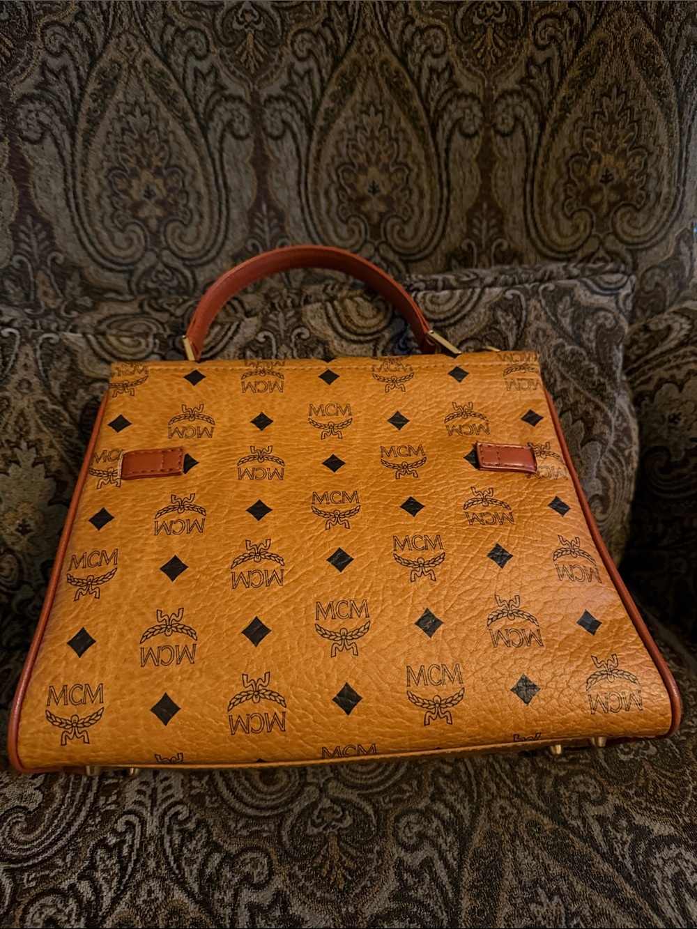 MCM Cognac Logo Visetos Top Handle Satchel with Gold Hardware - Picture 2 of 11